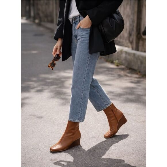 Diba Shoes - Diba Leather Wedge Ankle Boots Size 9 Cognac Brown Square Toe Comfort Heel